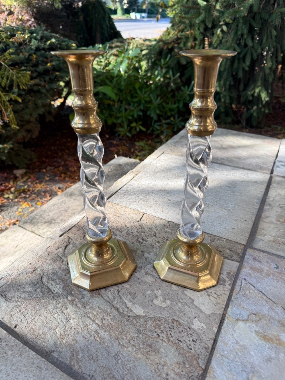 Pair of Vintage Brass & Twisted Clear Acrylic Candlestick Holders 12” Tall MCM